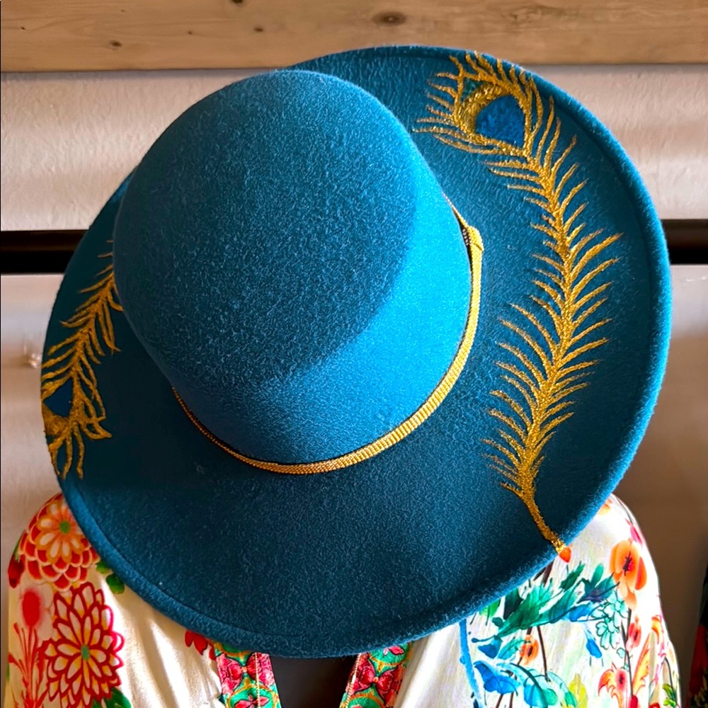 Elegant Teal Hat with Gold Embroidery